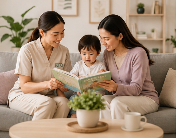 A Rifq caregiver reading a picture book with a toddler and their mother at home