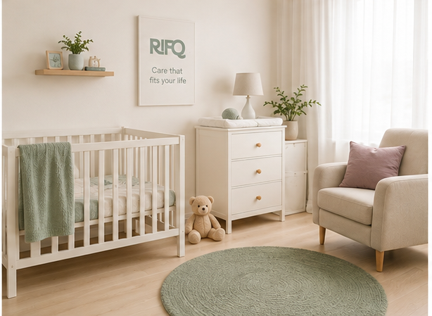 A calm Rifq nursery with a white crib, sage blanket and soft neutral furnishings