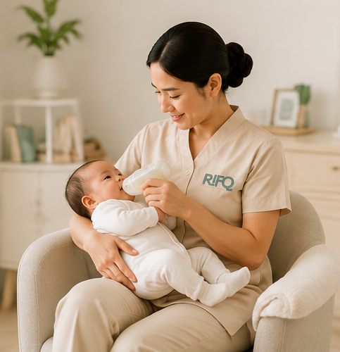 A Rifq caregiver bottle-feeding a baby in a comfortable nursing chair
