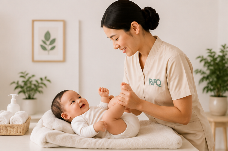 A Rifq caregiver playing with a smiling baby during a nappy change