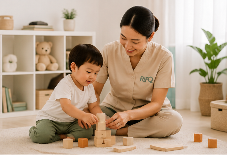A Rifq caregiver sitting on the floor building wooden blocks with a young child